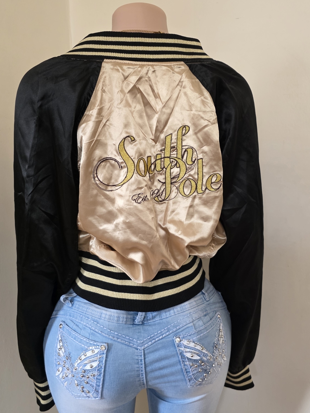 South Pole Black and Gold Satin Bomber Jacket